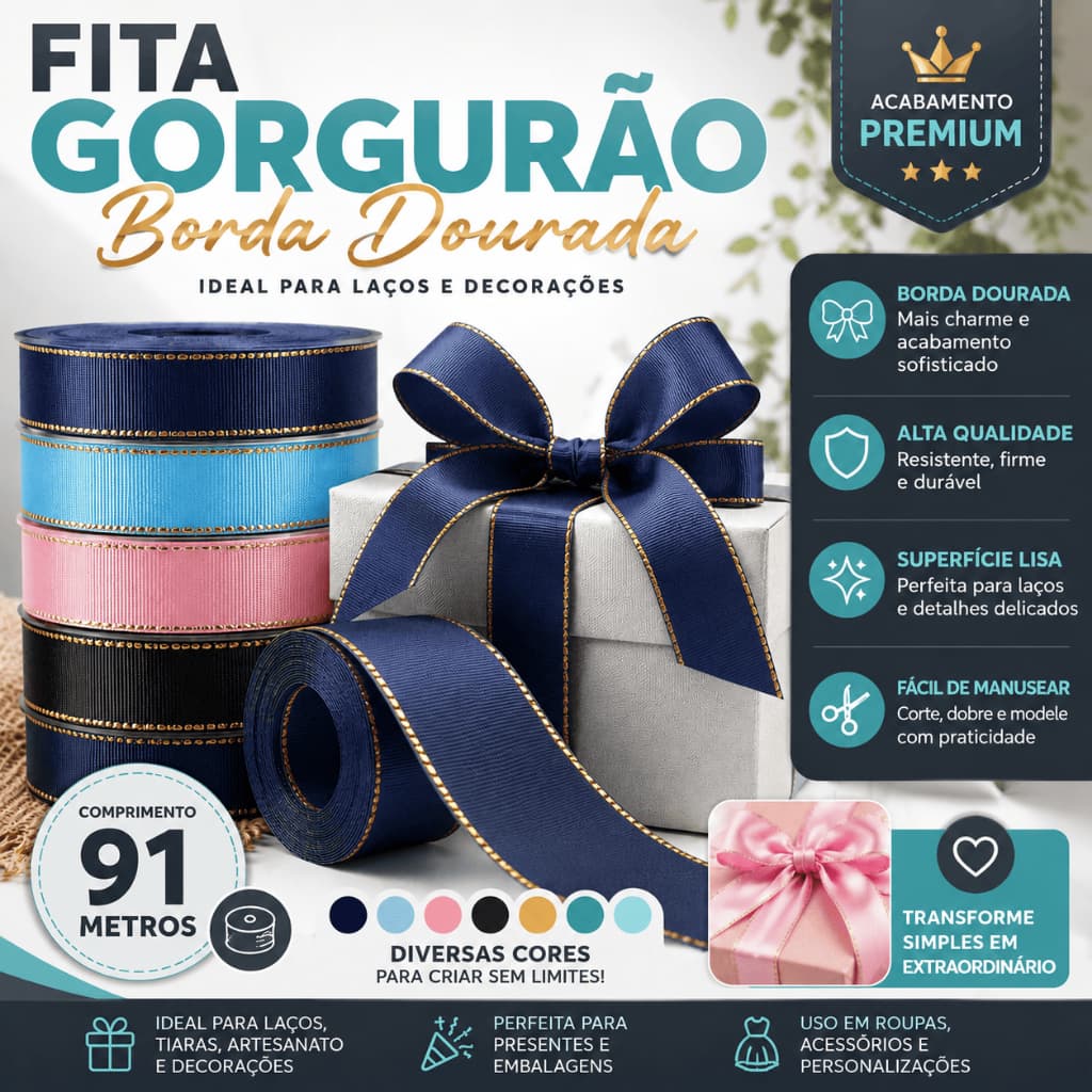 Fita Gorgurão Borda Dourada 91 Metros Para Laços Tiaras Artesanato Decoração Acabamento - CH