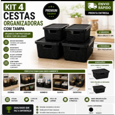 Kit 4 Cestas Organizadoras com Tampa Rattan Preto Multiuso 2 Médio + 2 Pequenas Closet Banheiro Despensa