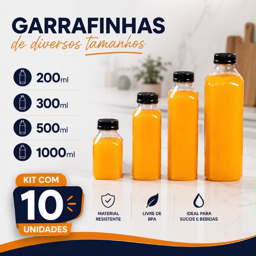 Kit 10 Garrafas PET Tampinha Com Lacre Sucos Açaí Detox 200ml 300ml 500ml 1L