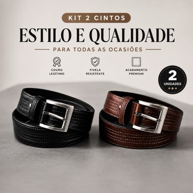 Kit 2 Cintos Couro Legitimo Premium Masculino Social Casual - Alta Qualidade - Preto e Marrom