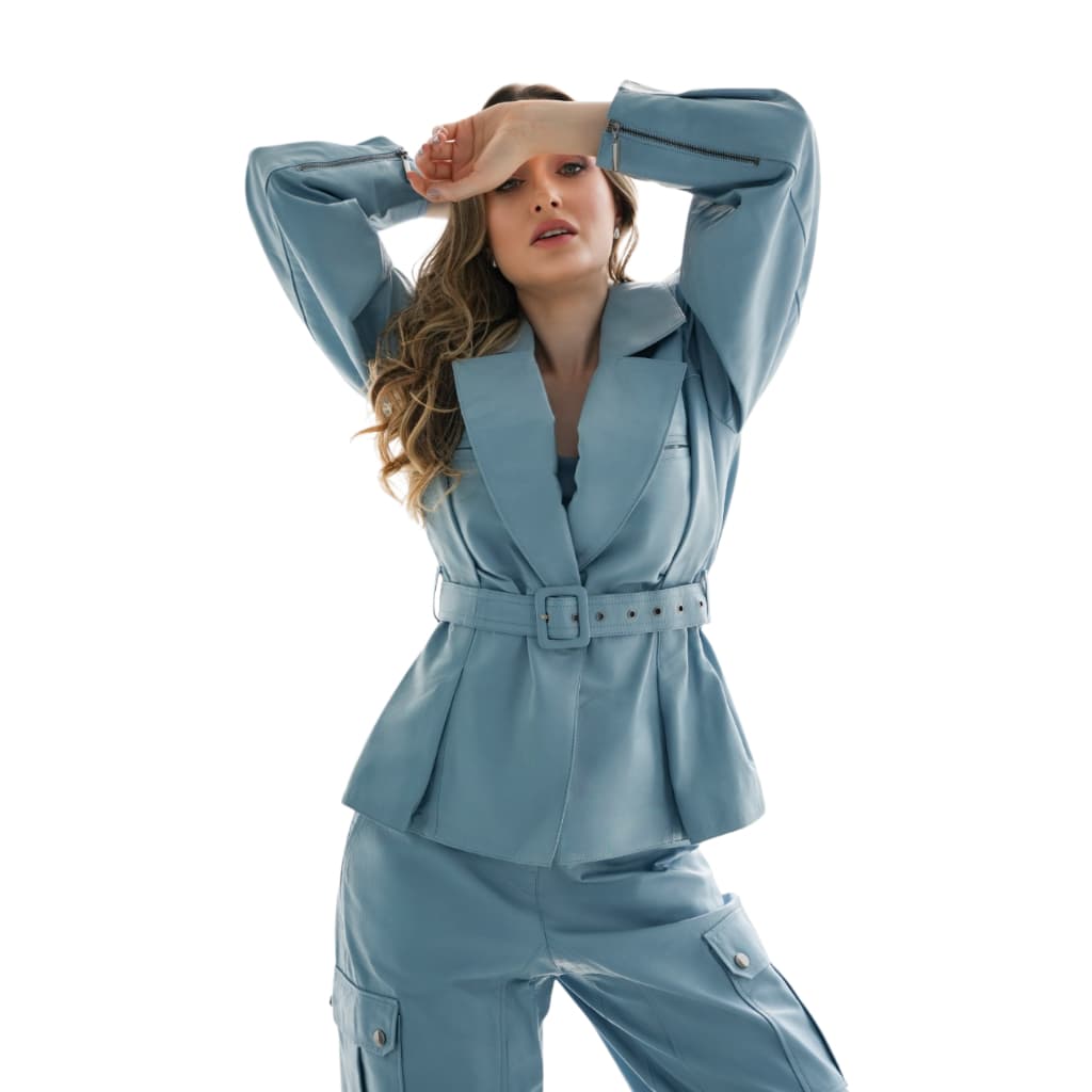 BLAZER DE COURO ACINTURADO FORRADO COM CINTO OPION PELICA ITALIANA COR AZUL
