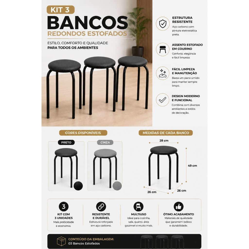 Kit 3 Bancos Redondos Estofados Courino Preto Ou Cinza Estrutura Em Aço Carbono