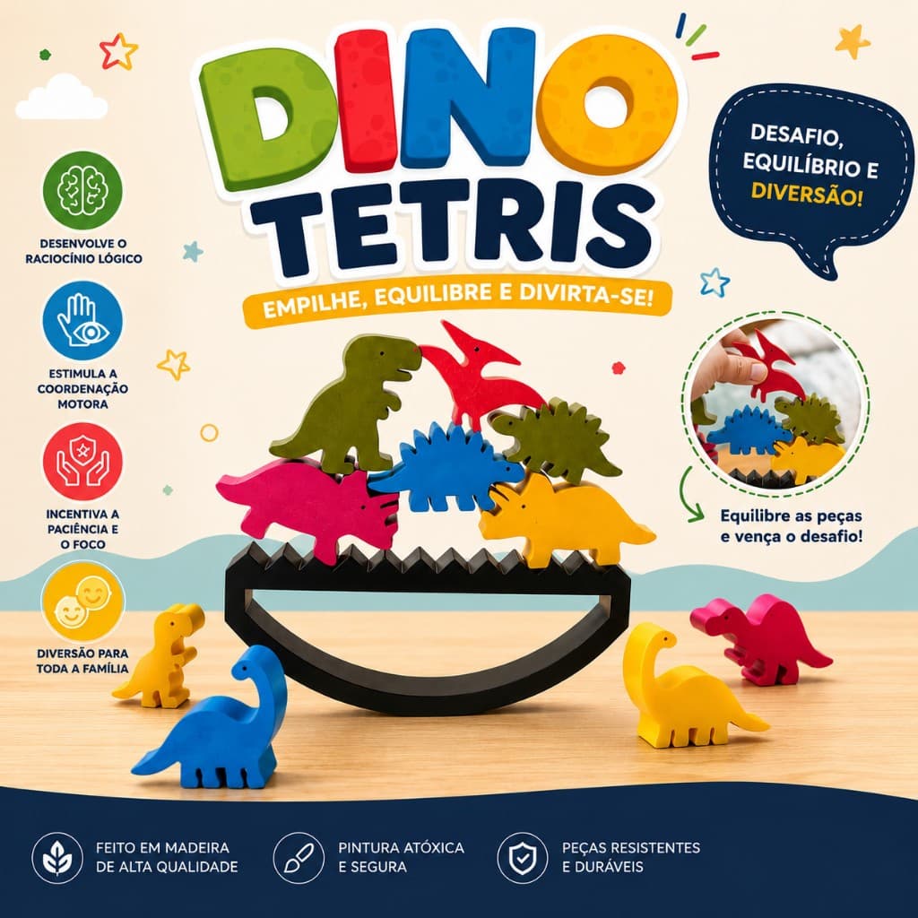 Jogo Equilíbrio Dinos 3D Infantil Educativo Brinquedo Montessori Coordenação Motora Criança Dinossauro Colorido
