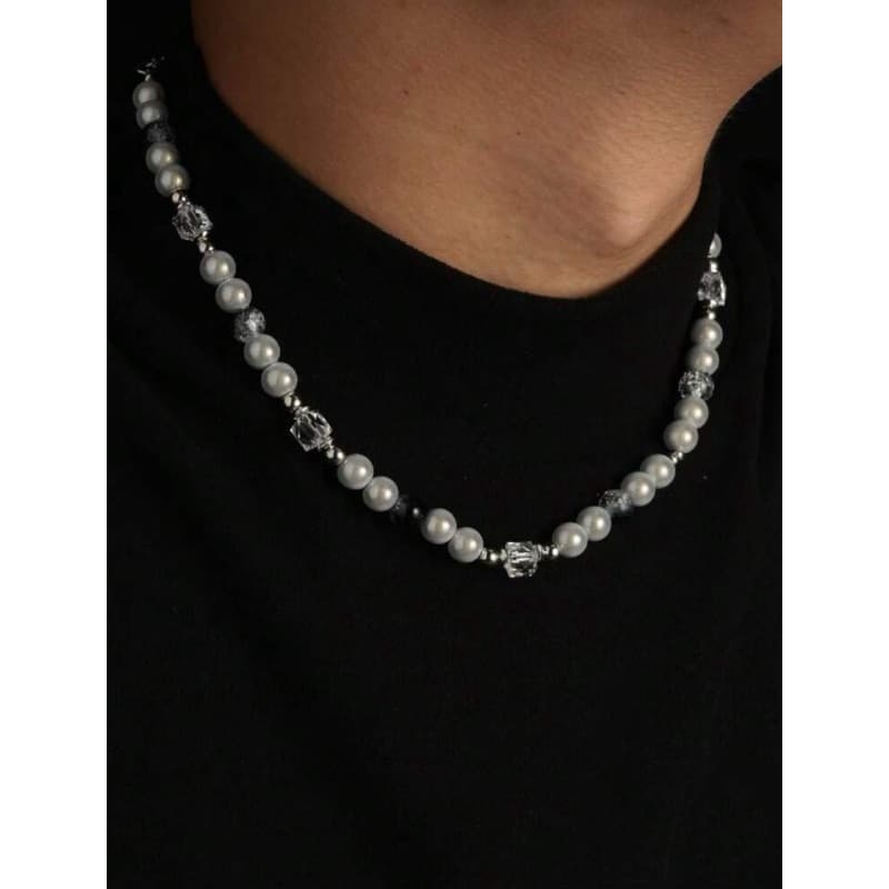 Colar Masculino de Pérolas e Cristais 45cm Unissex Vintage Fashion Ajustável Premium