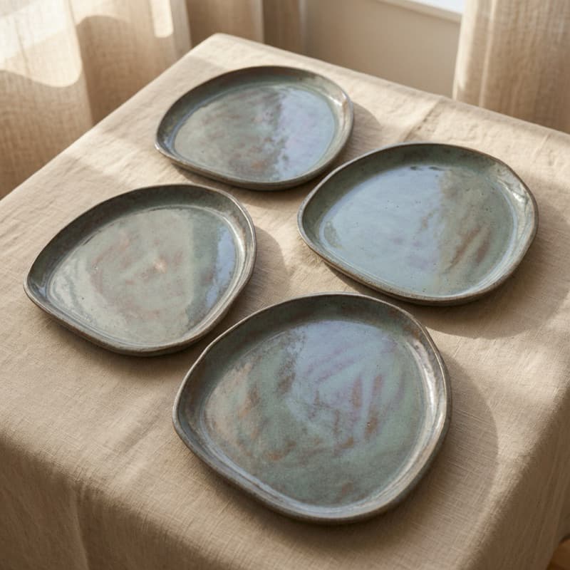Pronta Entrega - Kit 4 Pratos de Sobremesa Orgânicos Cerâmica feito à mão | 21,5 x 20,5 cm