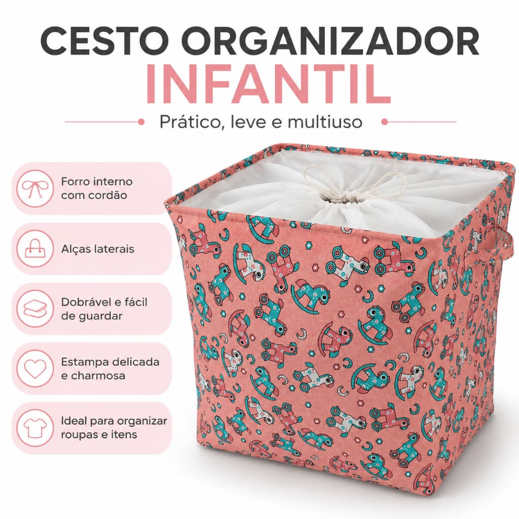 Cesto Organizador de Ursos Roupas e Brinquedos Grande 90Litros Infantil Quadrado Multiuso