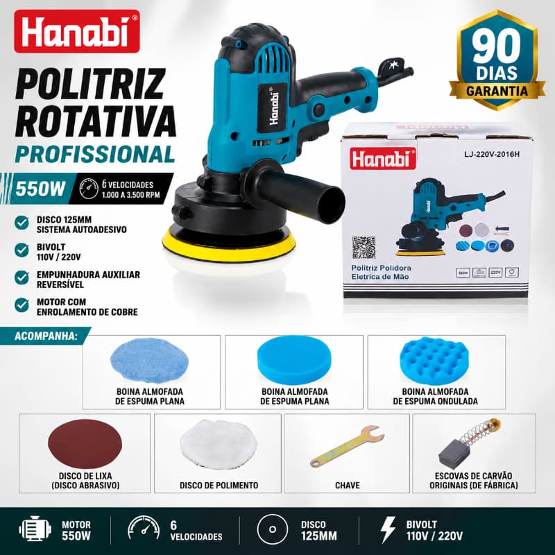 【Hanabi】Kit Politriz Lixadeira Automotiva Roto Orbital 550w Hanabi Azul-petróleo 220v