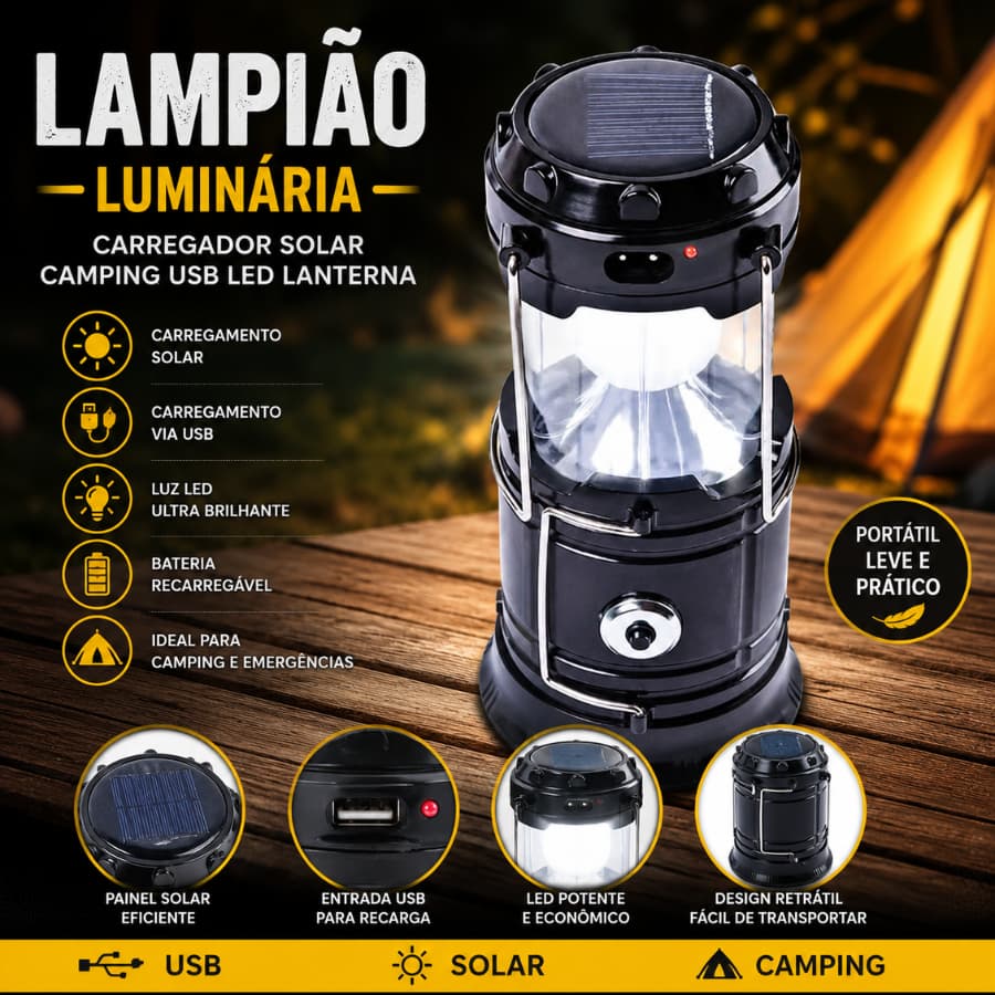 Lampião Luminária Carregador Solar Camping Usb Led Lanterna
