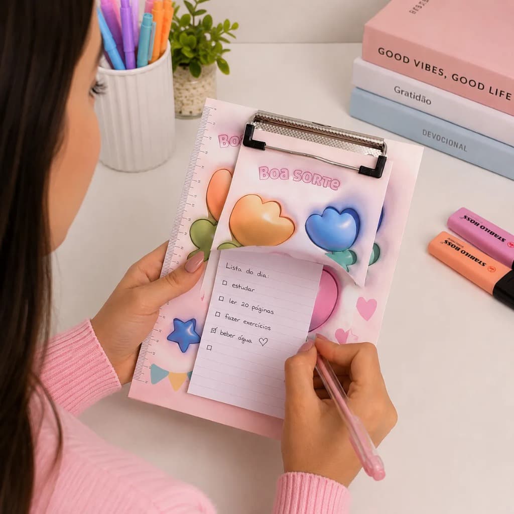 Prancheta Rosa Com Bloco Anotações Fofo Com Prancheta Menina Volta as Aulas Escritório