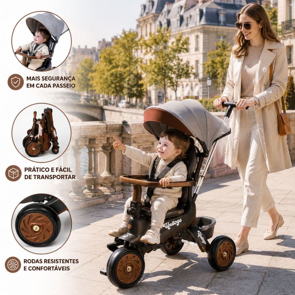 Triciclo Infantil Vintage Empurrador Cinza Preto Passeio Capota Proteção Lateral Sol Bicicleta luxo