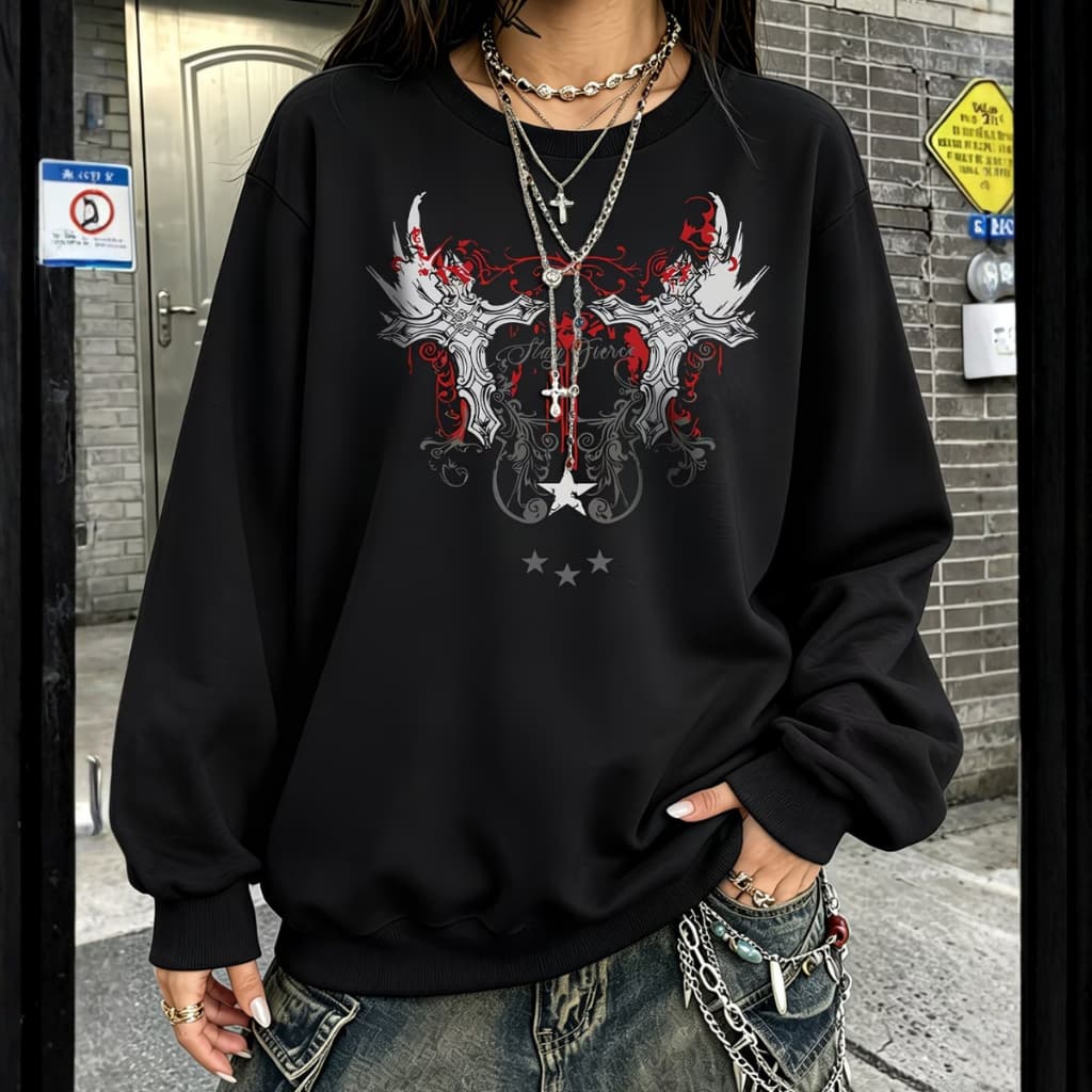 Moletom Fechado Sem Capuz Oversized Estiloso Moda Alternativa Cruz e Asas Gótico