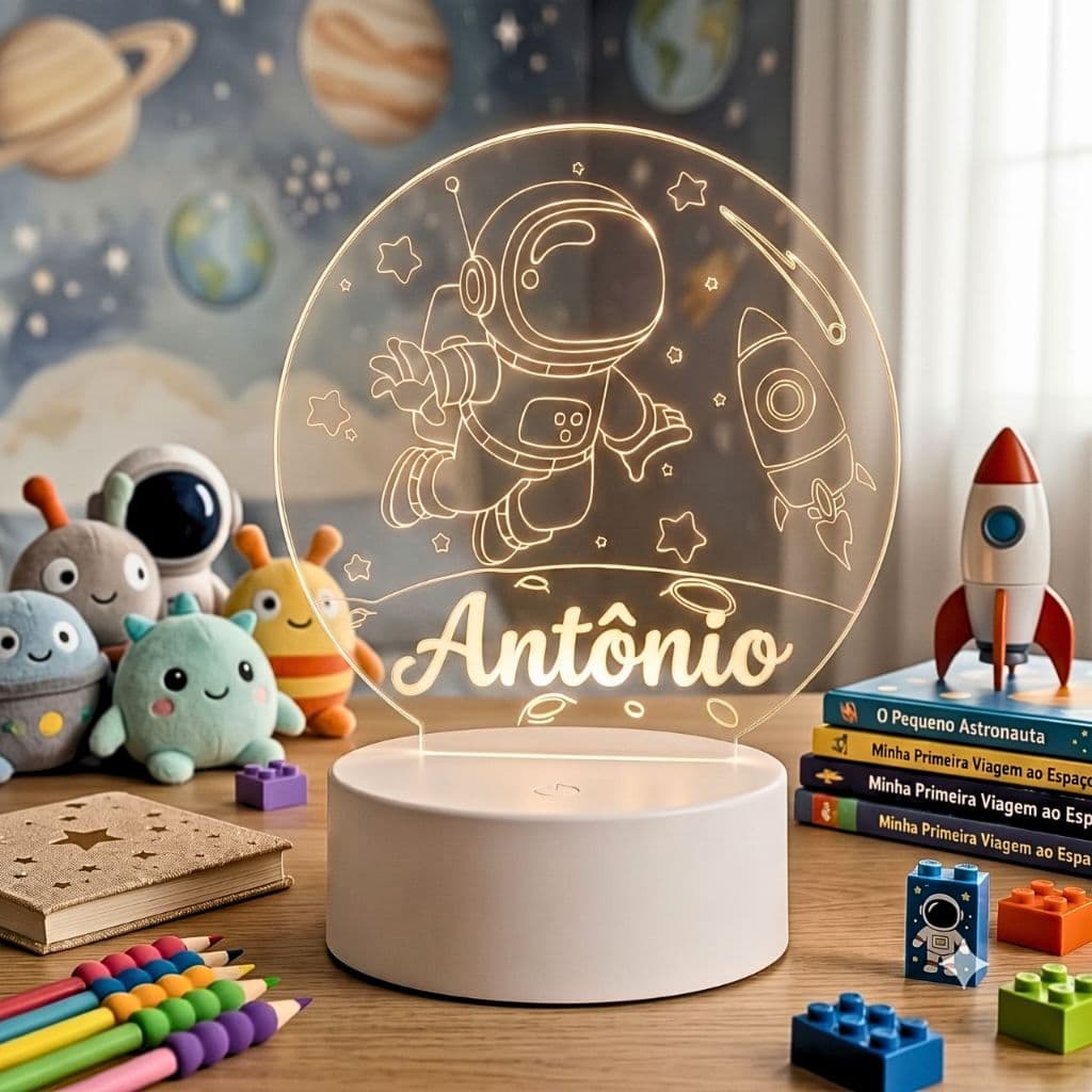 Luminaria 3D Led Astronauta Personalizada Com Nome Controle Remoto Abajur De Mesa Decorativo Espaço