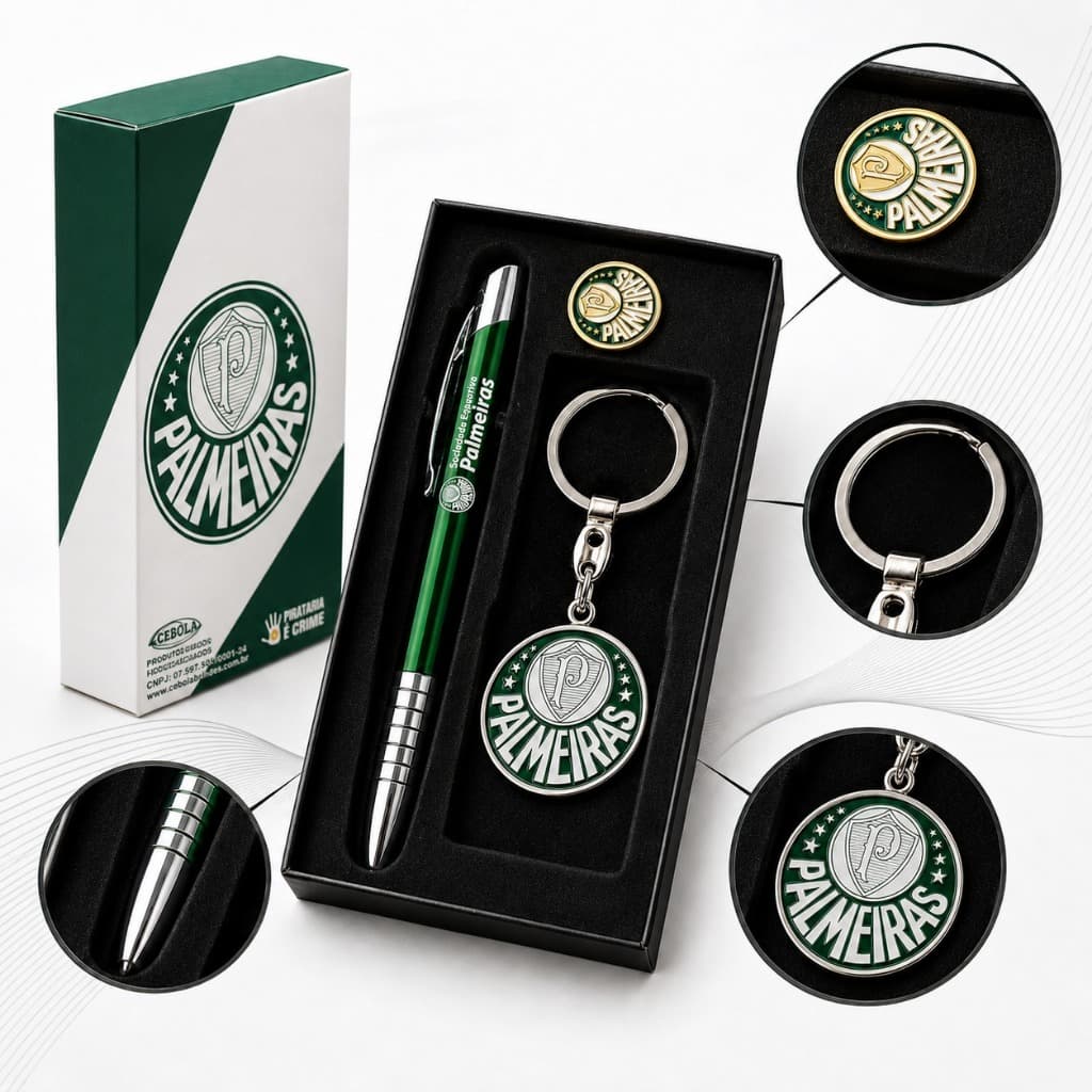 Kit Executivo Palmeiras Caneta + Chaveiro + Botton Broche