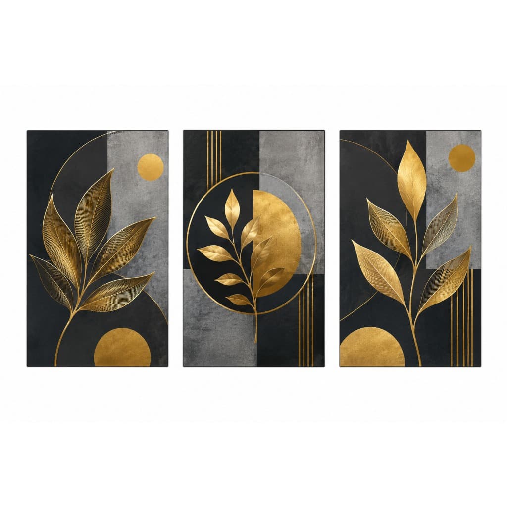 Quadro Tríptico Folhagem Dourada Elegante Kit 3 Peças para Sala, Quarto e Escritório