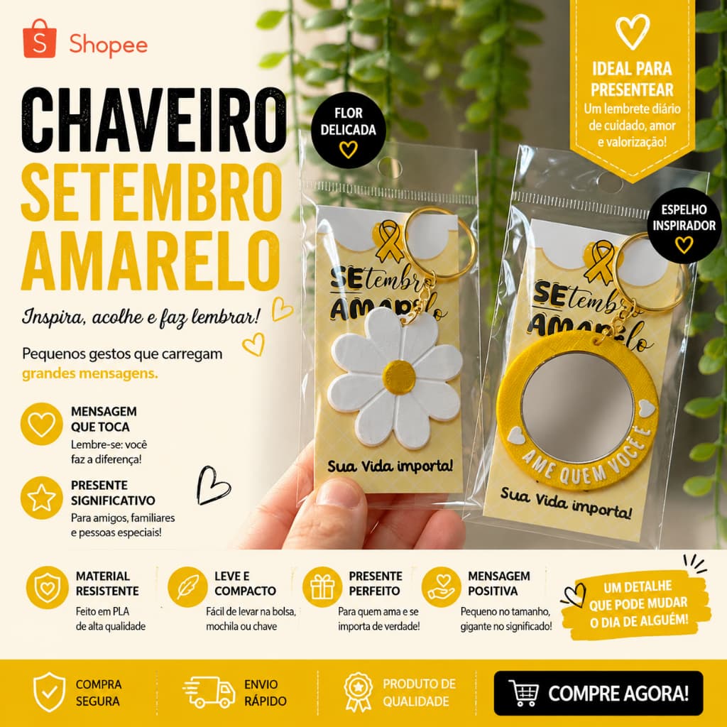 Kit Chaveiros Setembro Amarelo Flor Margarida e Espelho Lembrancinha Conscientização  20 30 50 100  Unidades