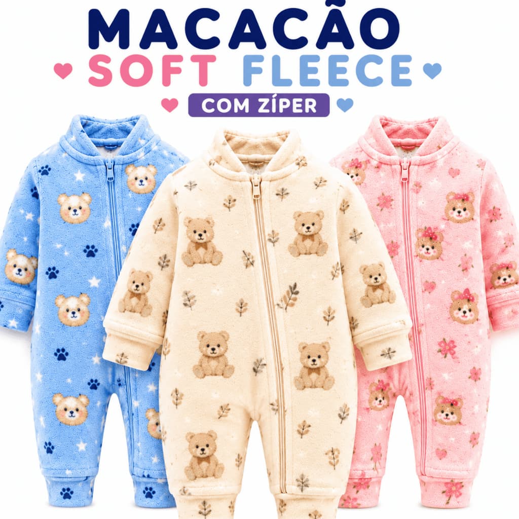 Kit 2 3 Macacão Soft Fleece Bebê Menino Menina Quentinho Peluciado com Zíper Inverno RN P M G