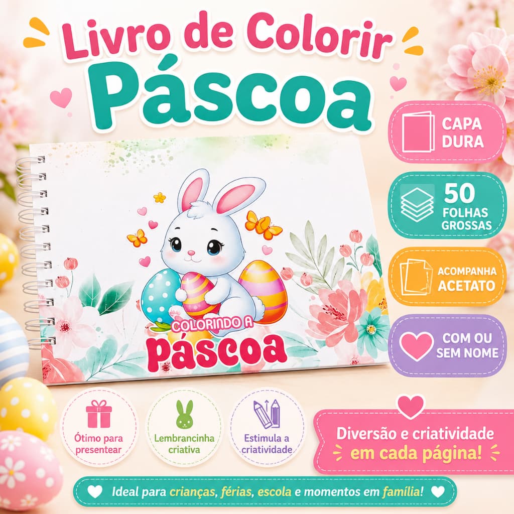 Livro de Colorir Páscoa A5 Capa Dura 50 Folhas Grossas com Acetato com ou sem Nome