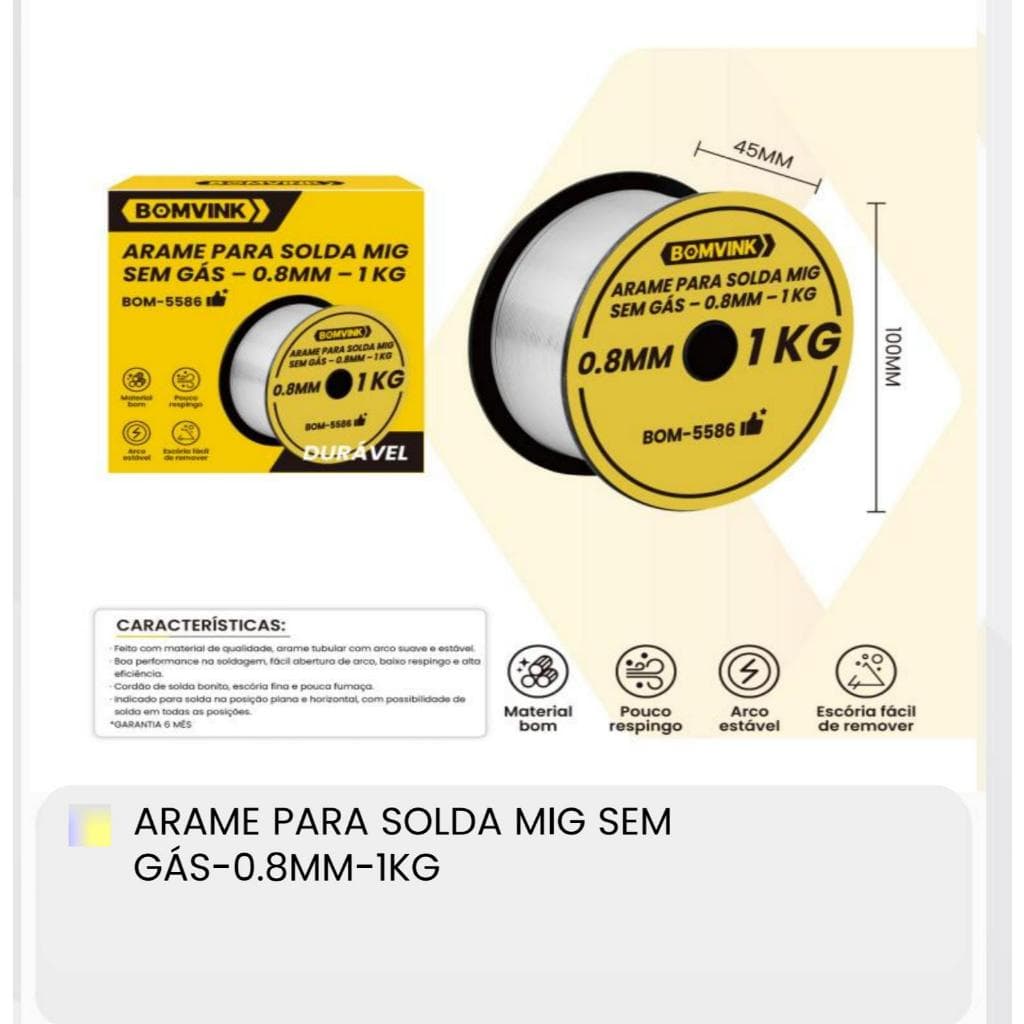 Arame para Solda MIG Sem Gás 0,8mm Bobina 1kg Alta Estabilidade de Arco