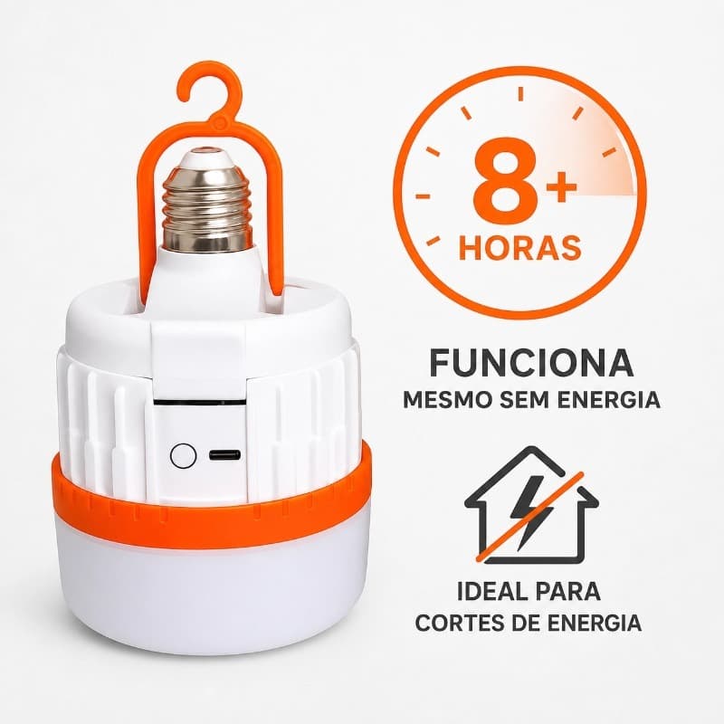 Lâmpada de Emergência LED 50W Recarregável Tipo-C AC/DC Bivolt E27 Com Gancho-Bateria 3000mAh-HY-3830