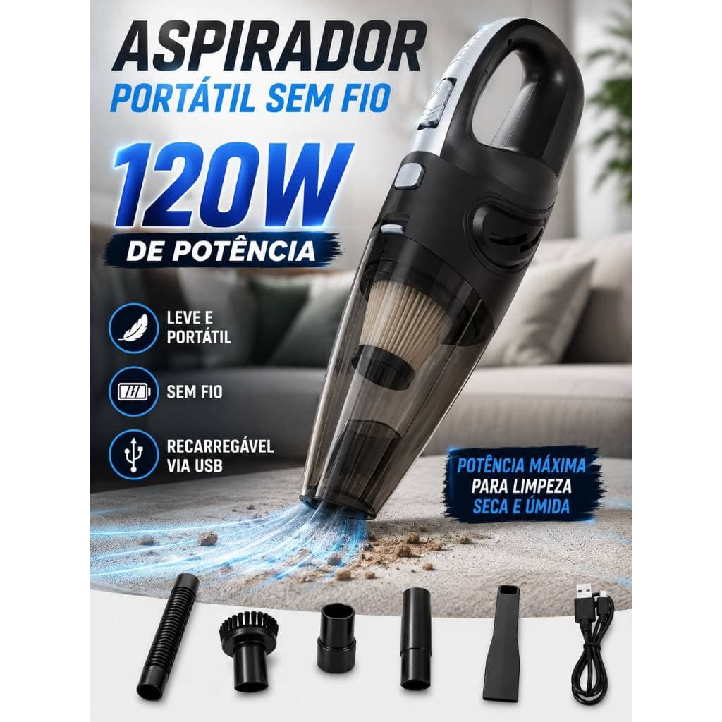 Aspirador Portátil Sem Fio 120W Recarregável USB Potente Carro Casa Mesa Teclado Limpeza Seca e Úmida com Ponteiras
