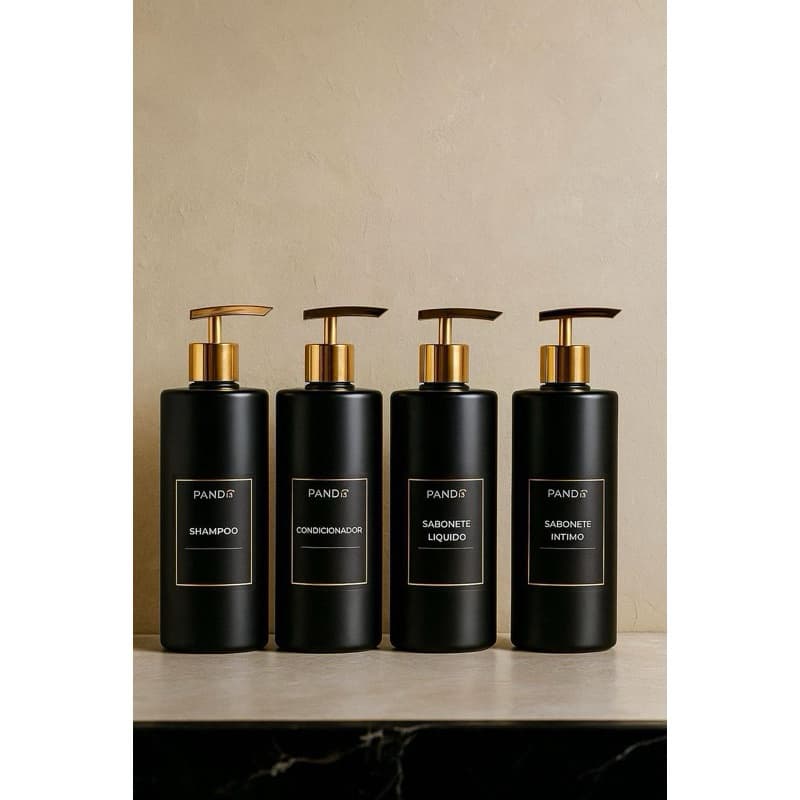 Kit Banheiro 03 Frascos PRETO LUXO - PUMP DOURADA - Shampoo e Cond Sab Líquido 500ml