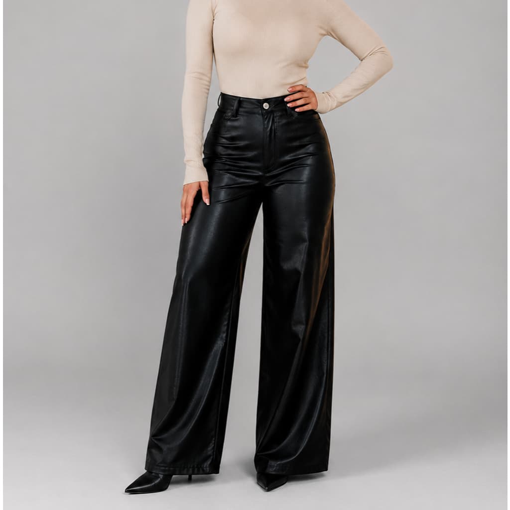 Calça Couro Feminina Pantalona Wide Leg Cintura Alta Premium Moda Blogueira Inverno 2026