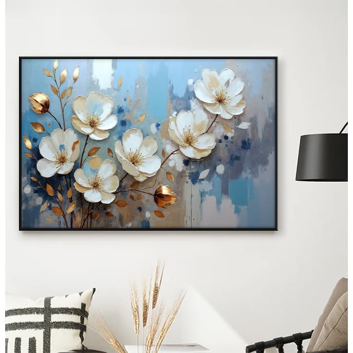 Quadro sem Vidro Floral Magnólias Brancas em Azul e Dourado Quadro Decorativo