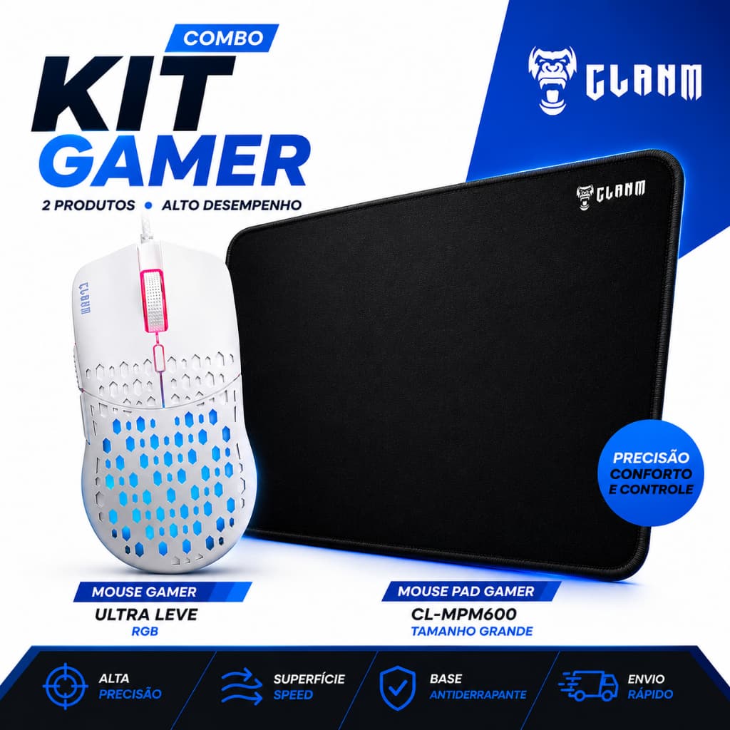 Kit Gamer Mouse Clanm V2 RGB Splits  + Mouse Pad Gamer Grande Speed Antiderrapante Alta Precisão FPS Clanm