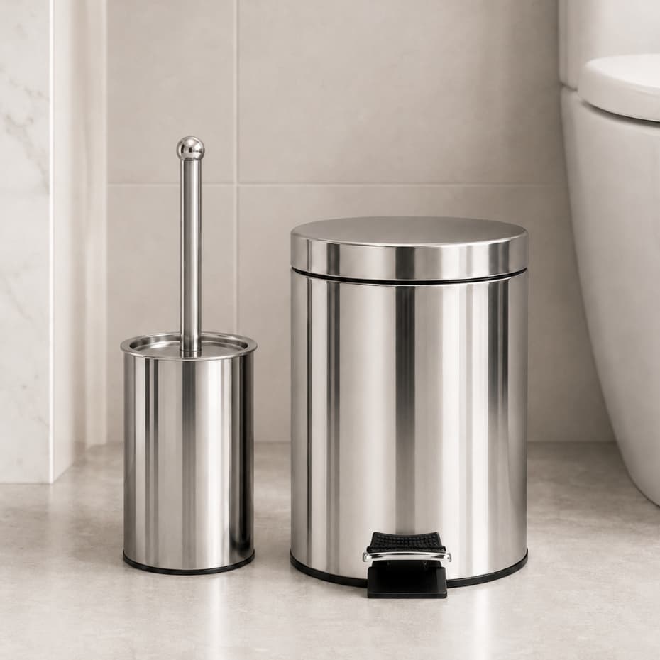 Kit Banheiro Lixeira Inox 3L ou 5L com Pedal Balde Removível + Escova Sanitária Inox
