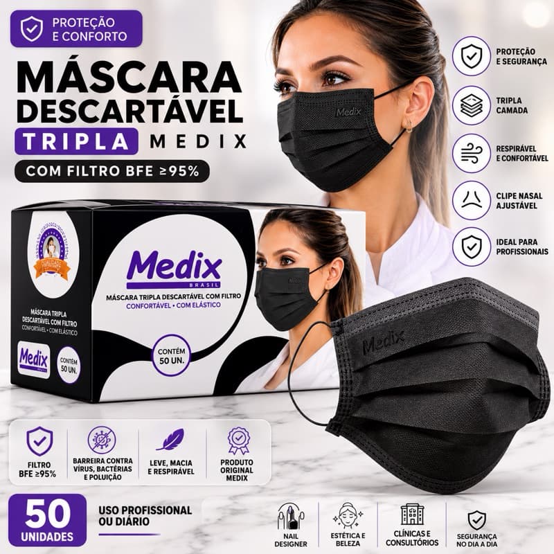 Máscara Descartável Tripla Preta Medix Original Com Filtro BFE 95% Caixa 50 Unidades