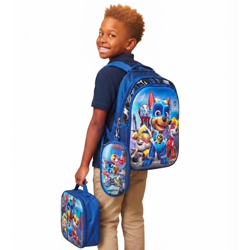 Kit Mochila Escolar 3D Patrulha Canina Menino Infantil Reforçada Com Lancheira Térmica + Estojo