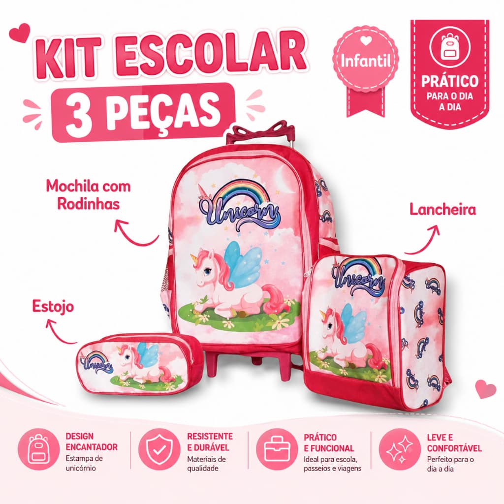 Kit Mochila Escolar Infantil Rodinhas + Porta Lápis 1 Repartição + Lancheira Térmica Escolar Meninas