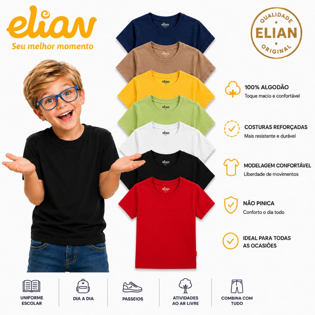 Camiseta Básica Elian Menino Camiseta Masculina infantil Camiseta Juvenil Elian Casual Passeio