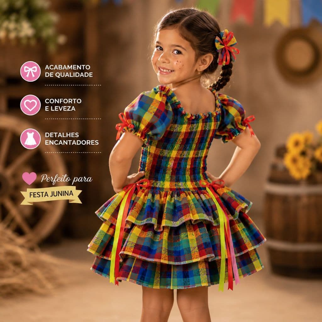 Vestido Festa Junina Infantil Xadrez Com Laços 3 Bababos Colorido Criança Festa Caipira