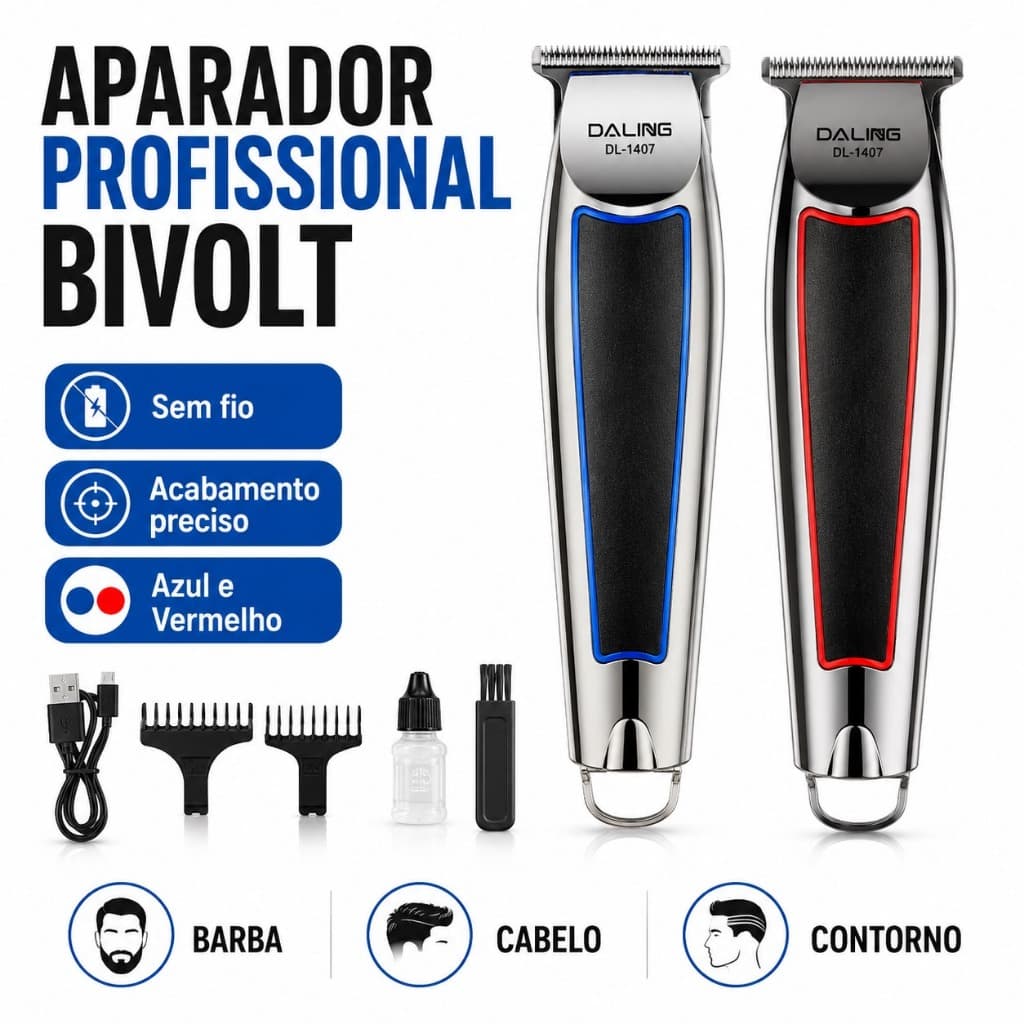 Máquina Cortadora de Cabelo Bivolt 100-240V Sem Fio USB Tipo-C Metálica Vermelho Azul com Kit Completo para Doméstico