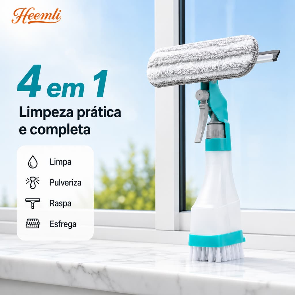 Escova de Limpeza Multiuso 4 em 1 com Spray para Casa Vidro e Espelho Heemli