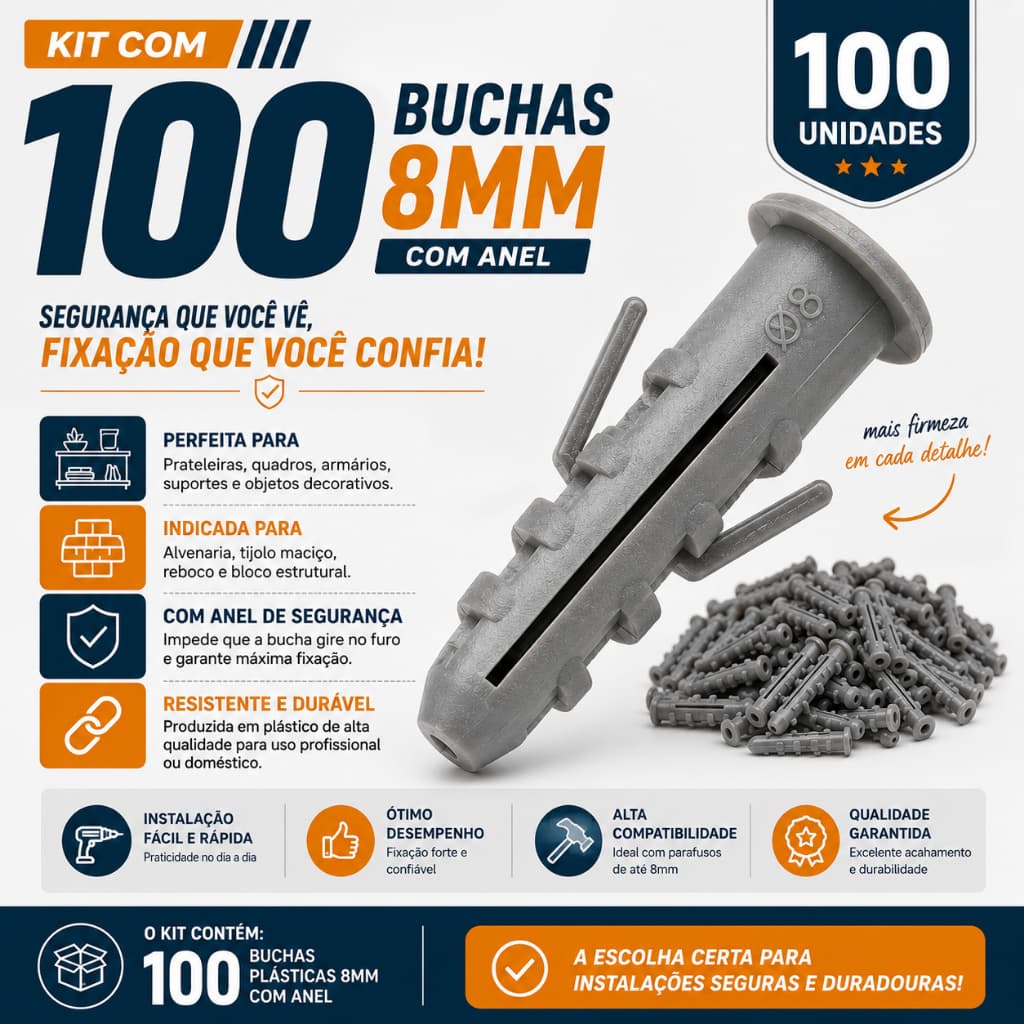 Kit 100 Buchas 8mm com Aba Plástica Alta Fixação Parede Alvenaria Tijolo Bloco Reboco Resistente