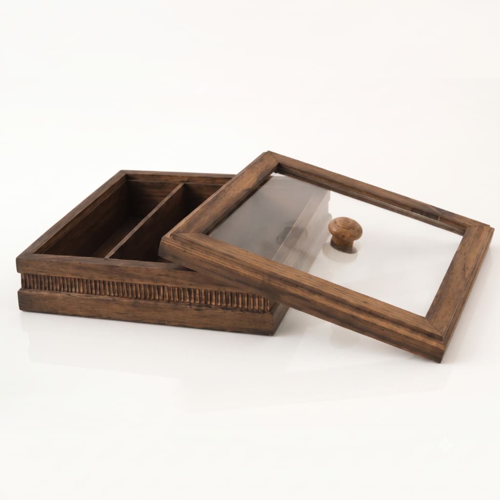 Porta Talher Madeira Rústica 24x24x7 Organizador Talheres Tampa Transparente Cozinha Mesa Jantar