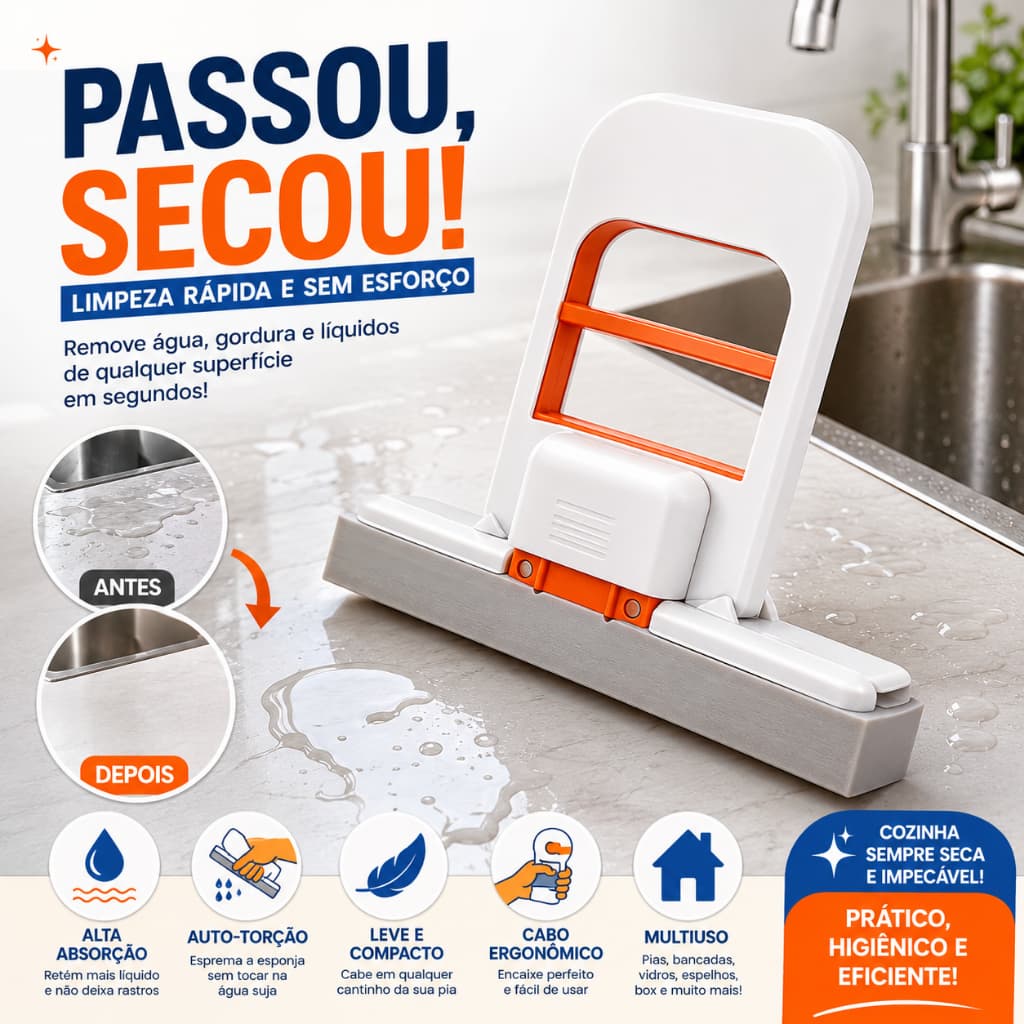 Mini Mop Absorvente Portátil Auto-Torção com Esponja PVA para Pia Bancada Cozinha e Banheiro