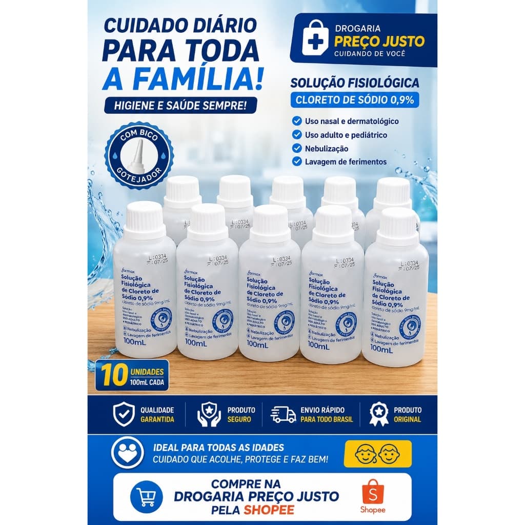 Kit 10 Soro Fisiológico Farmax 0,9% 100ml Lavagem Nasal, Ferimentos e Nebulização