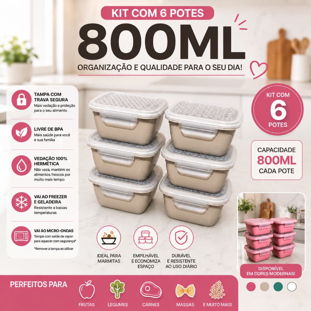 Potes Quadrado com trava 800 ml Kit Marmita, freezer, Alimentos Microondas -Material resistente e livre de BPA.