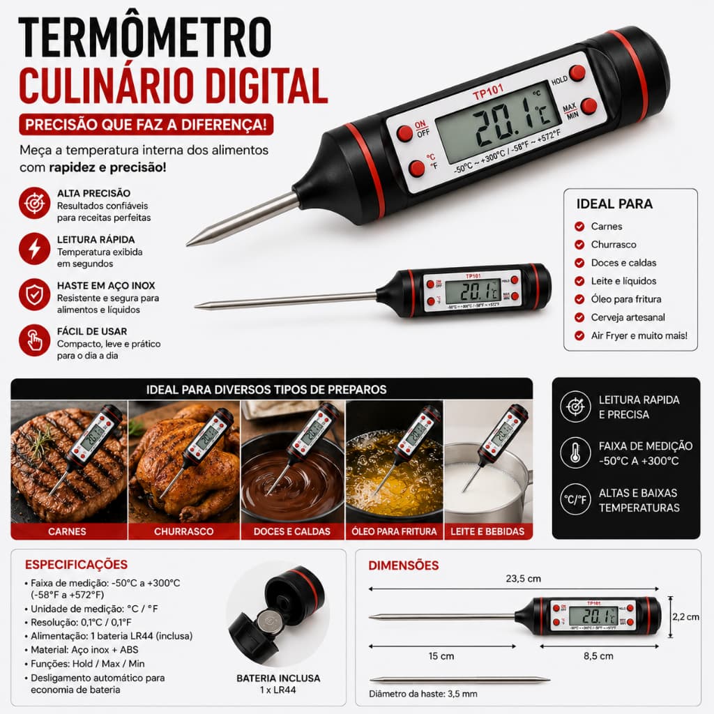 Termômetro Culinário Digital Espeto para Carnes Churrasco Doce Leite Óleo Air Fryer Cozinha