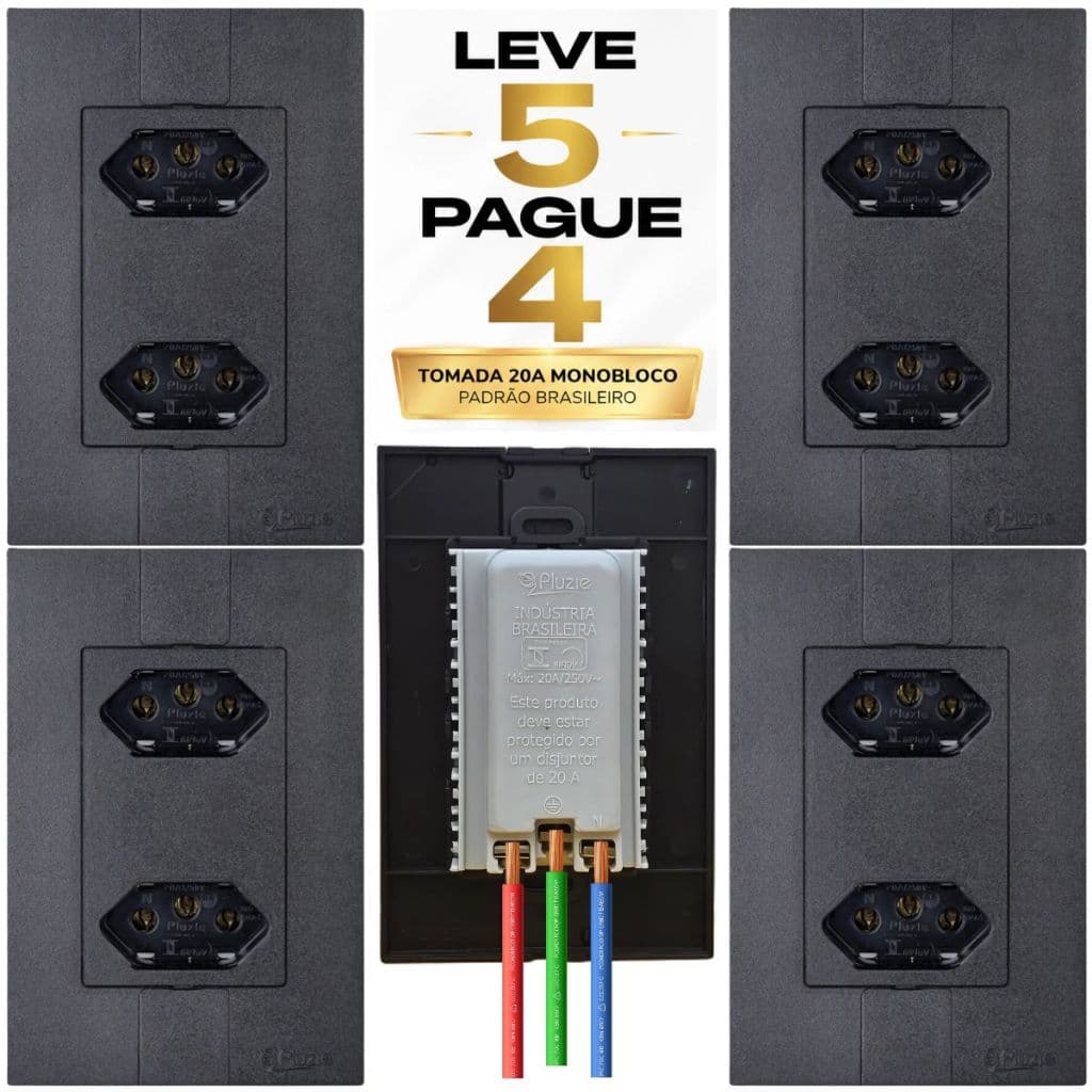 Tomada Preta 20 Amperes Dupla Kit 5 Slim 127V 220V Volts 4x2 Pluzie