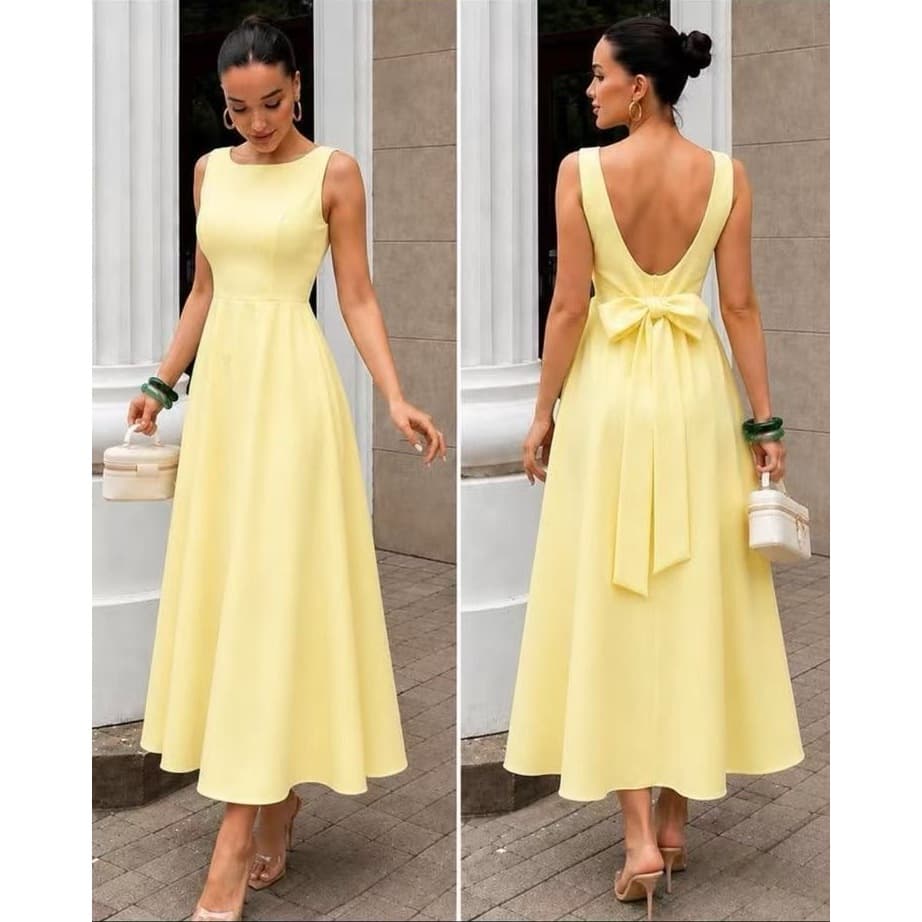 YAN FASHION | Vestido Longo Decote Canoa com Laço nas Costas — Alfaiataria Romântica e Elegante para Ocasiões Especiais