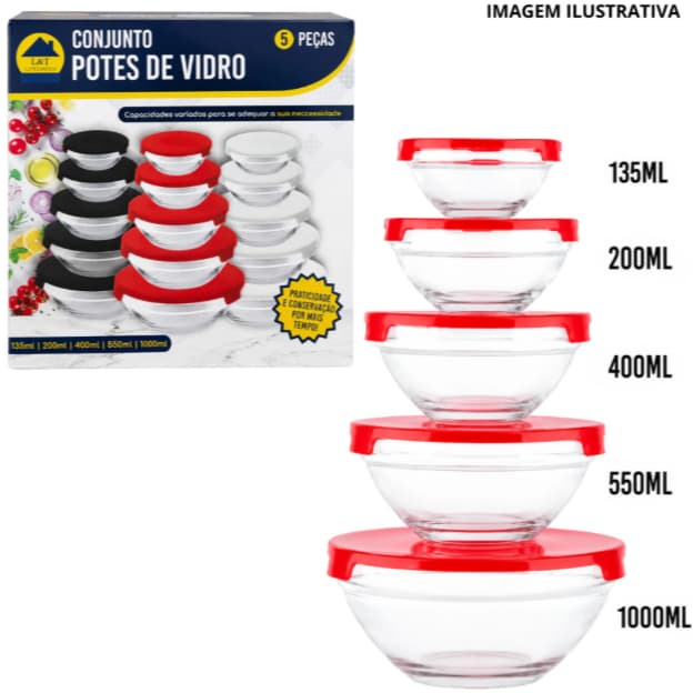 Conjunto Potes De Vidro Kit 5 Unidades Com Tampa Marmitas Bom