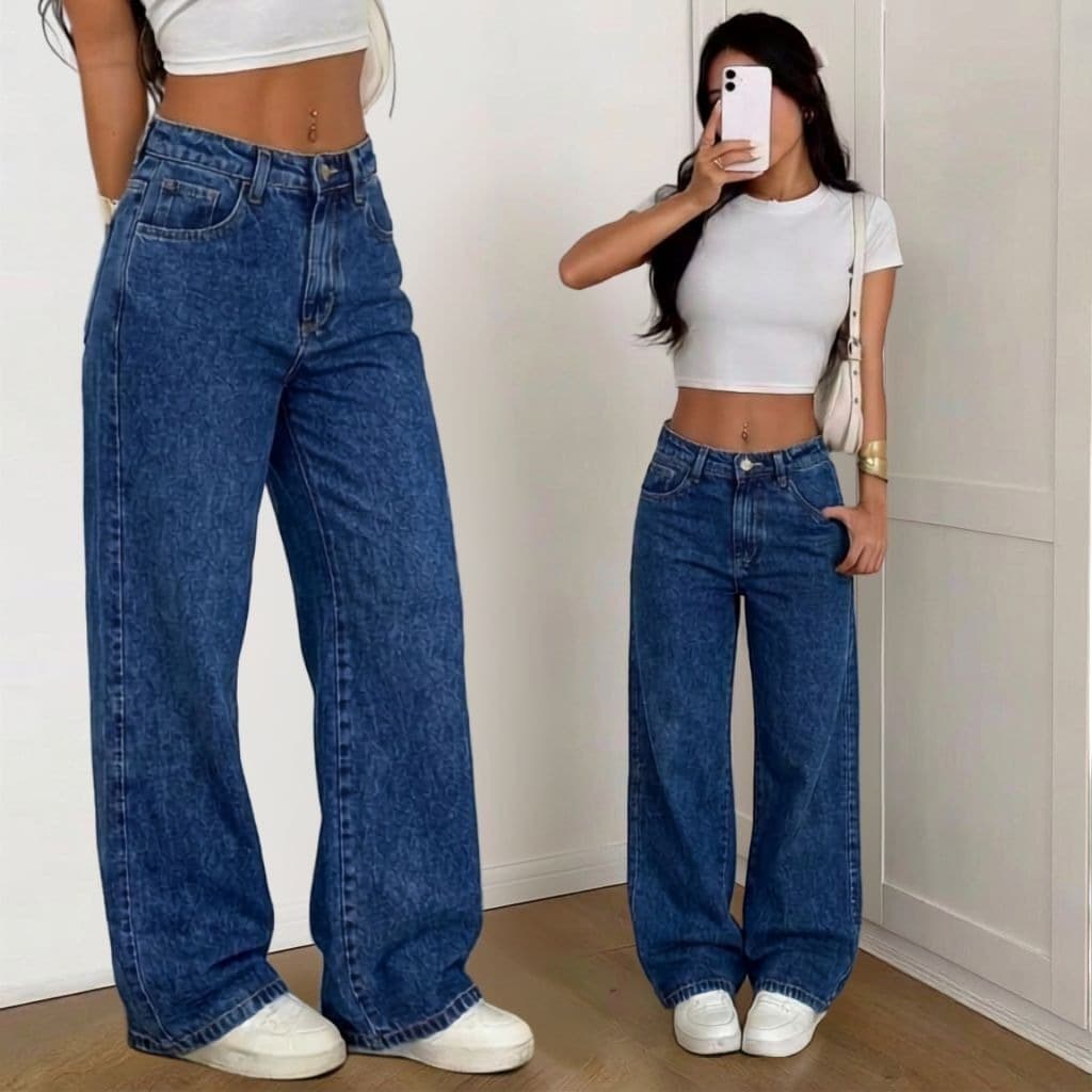 Calça Feminina Jeans Wide Leg Cintura Alta Pantalona Marmorizada Confortável Modelagem Premium
