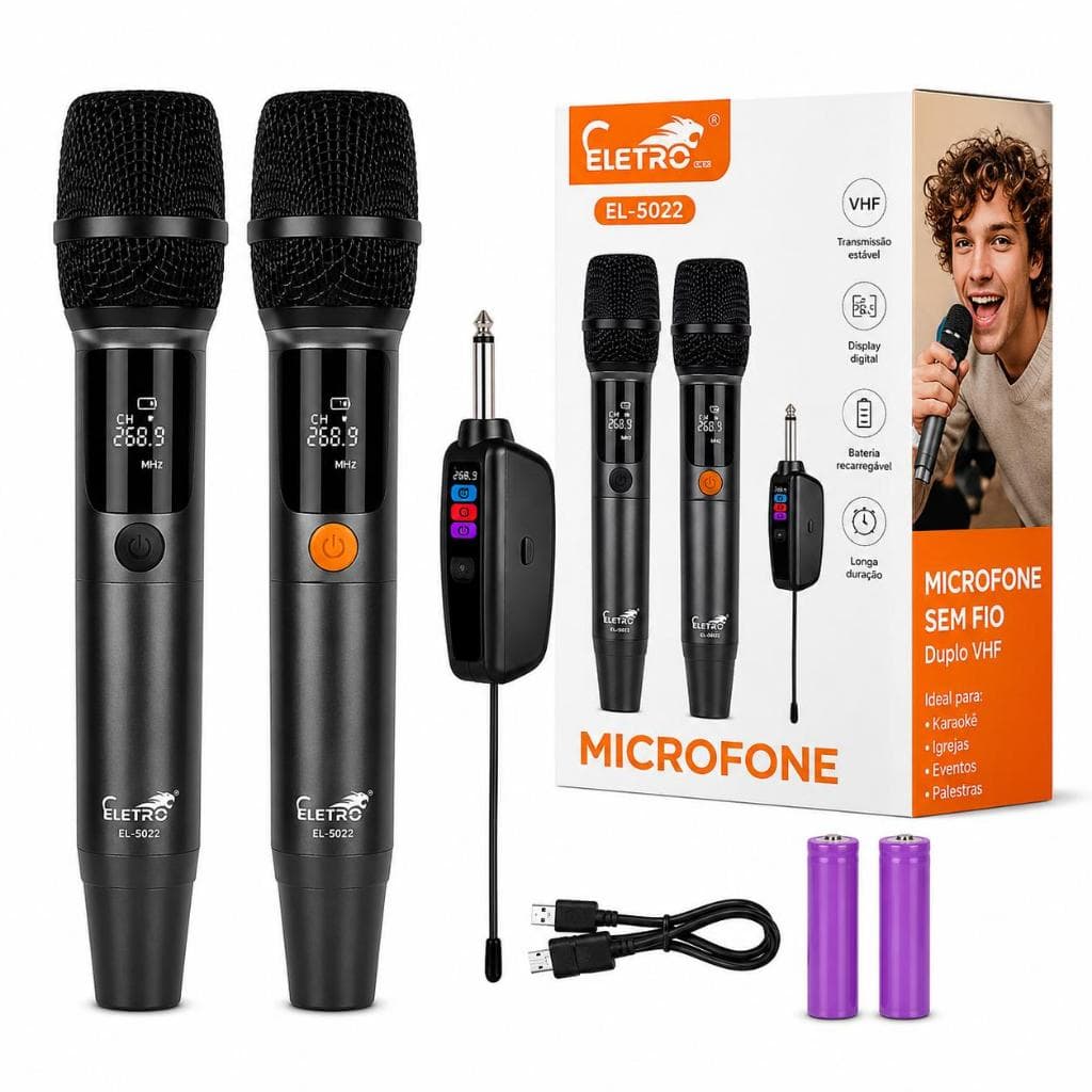 Microfone Sem Fio Duplo VHF Recarregável Display Digital Karaokê P10 Para Caixa de Som Amplificador Eventos e Igrejas