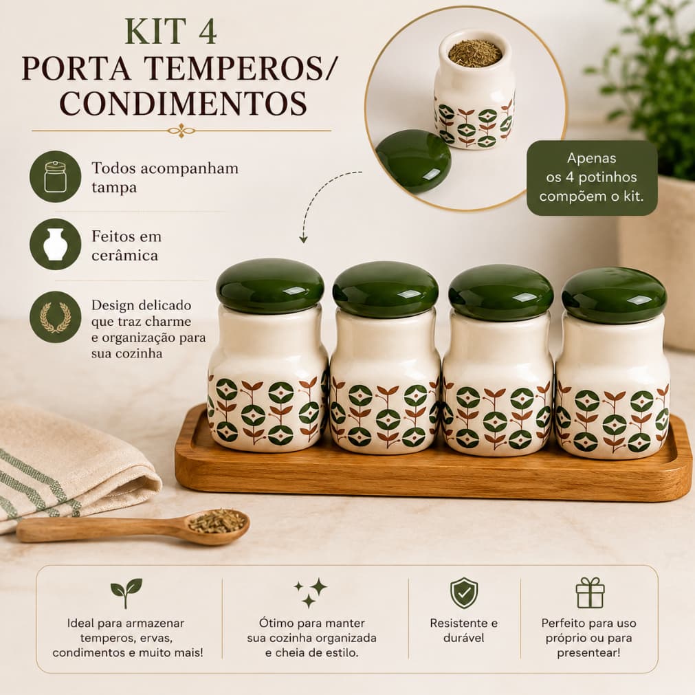 Kit 4 Porta Temperos Cerâmica com Tampa Potes para Condimentos Cozinha Decorativa