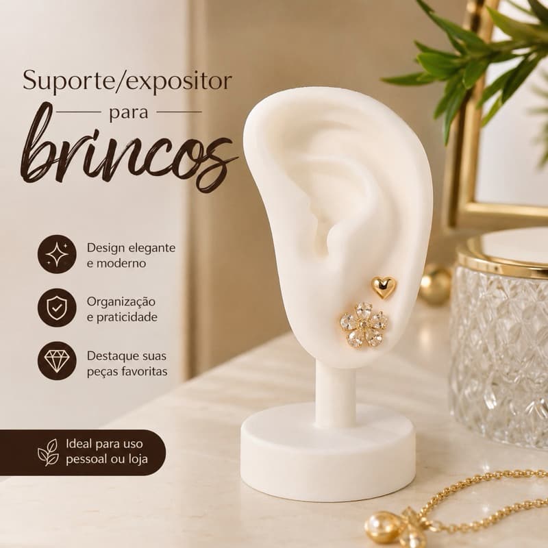 Porta Brincos Formato Orelha  Com Suporte de Mesa para Joias Semi e Bijuterias
