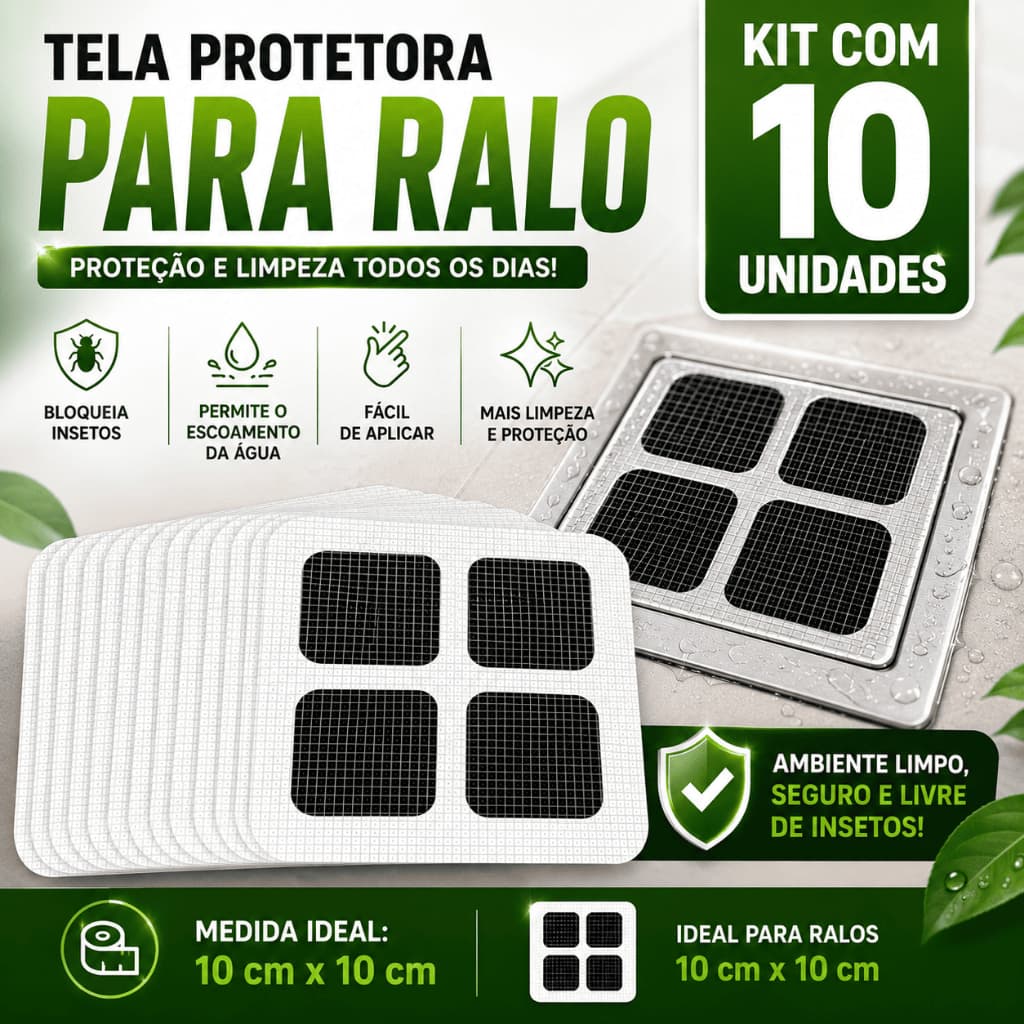 Kit 10 Telas Protetora Adesiva para Ralos 10x10 cm Anti Insetos Retém Cabelos Sujeiras Descartável